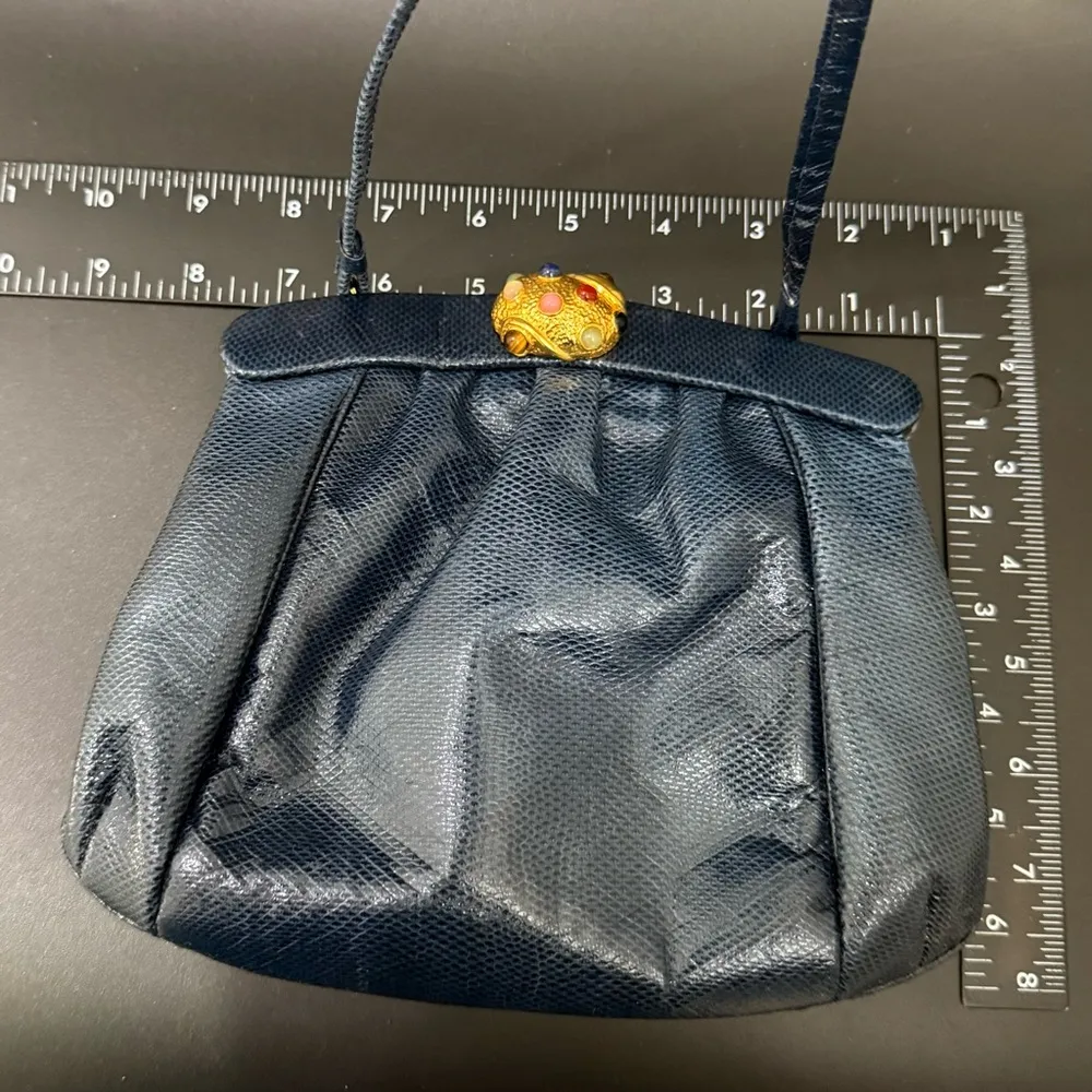 Vintage Navy Lizard Leather Goldtone Shell Gripoix Bead Clasp Evening Clutch Bag Blue - Image 9