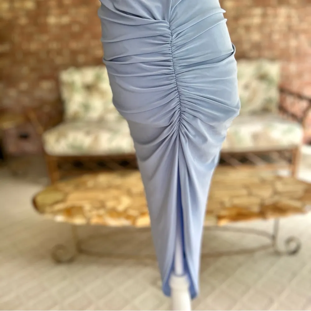 NWT Windsor Dress Blue Bodycon Ruched Asymmetrical Midi S (Jrs) Cocktail Chic - Image 6