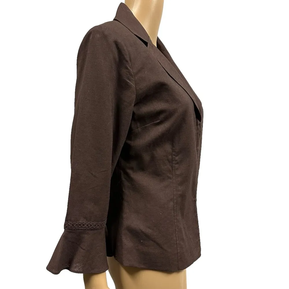 Oscar De La Renta Linen Brown 3 Quarter Bell Sleeve Hook Front Top Jacket Size 8 - Image 4
