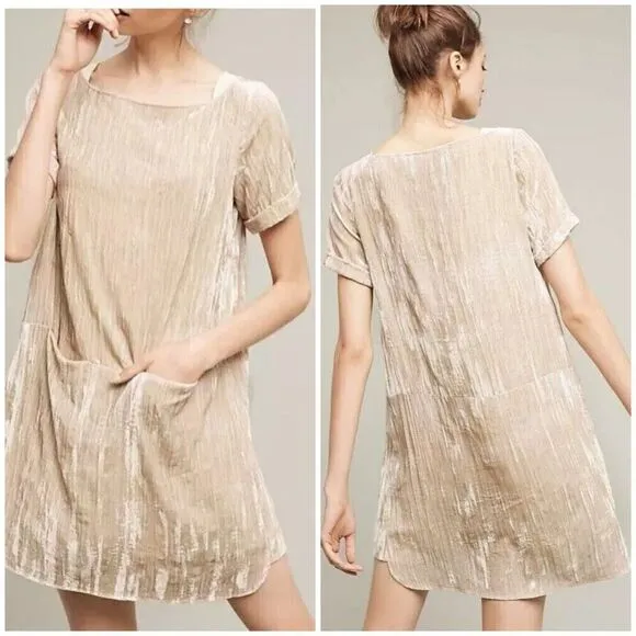 Anthropologie Floreat Champagne Beige Crinkled Crushed Velvet Shirt Mini Dress S - Image 2