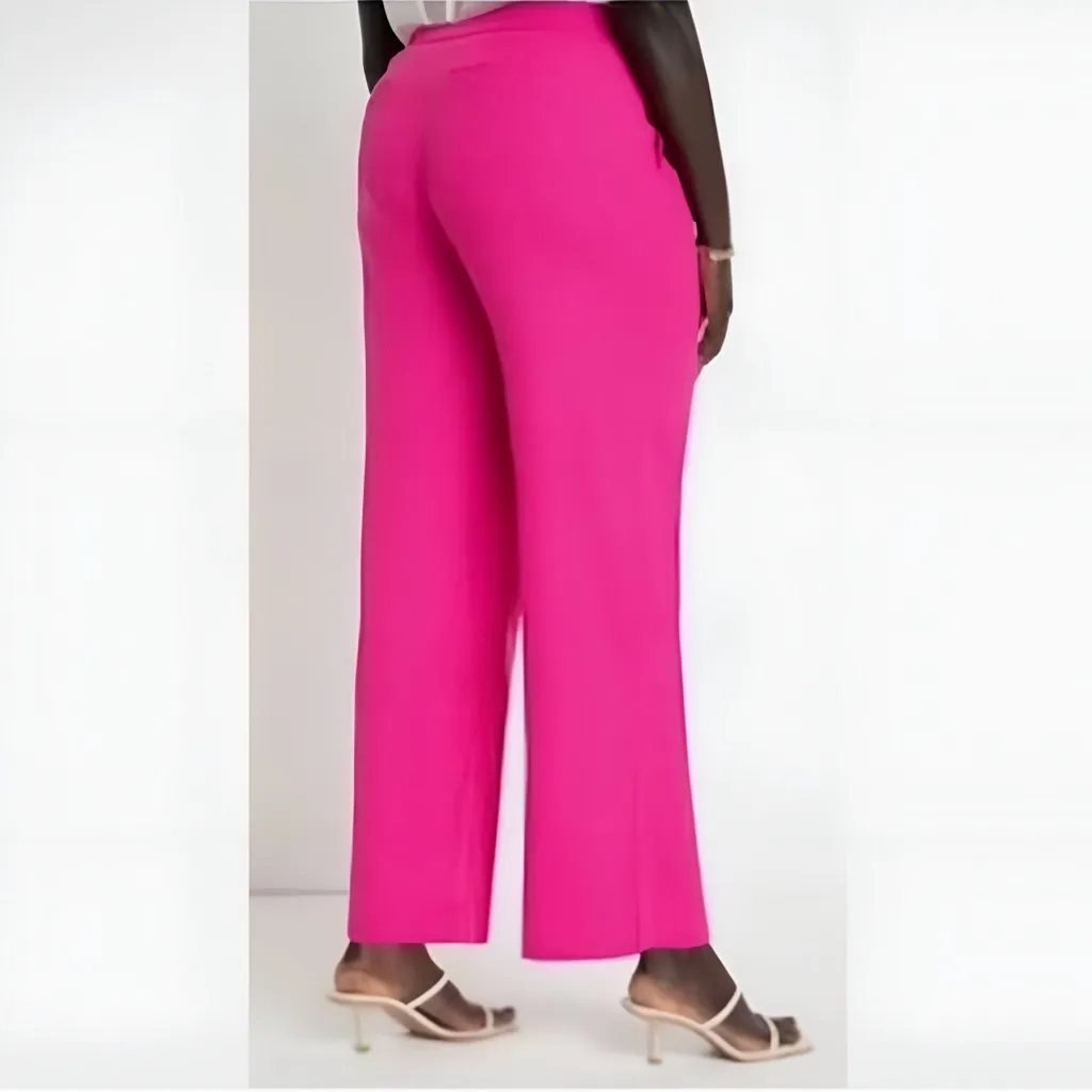 NWT Eloquii Vibrant Very Berry Pink Split Front Cropped Linen Blend Pants - Image 2