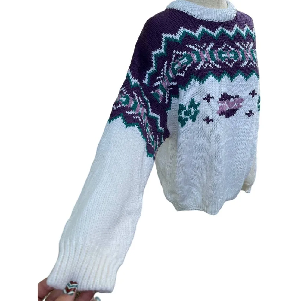 Vintage 1980s Gina Peters Large Sweater, Purple Green and White Knit Sweater - Image 4