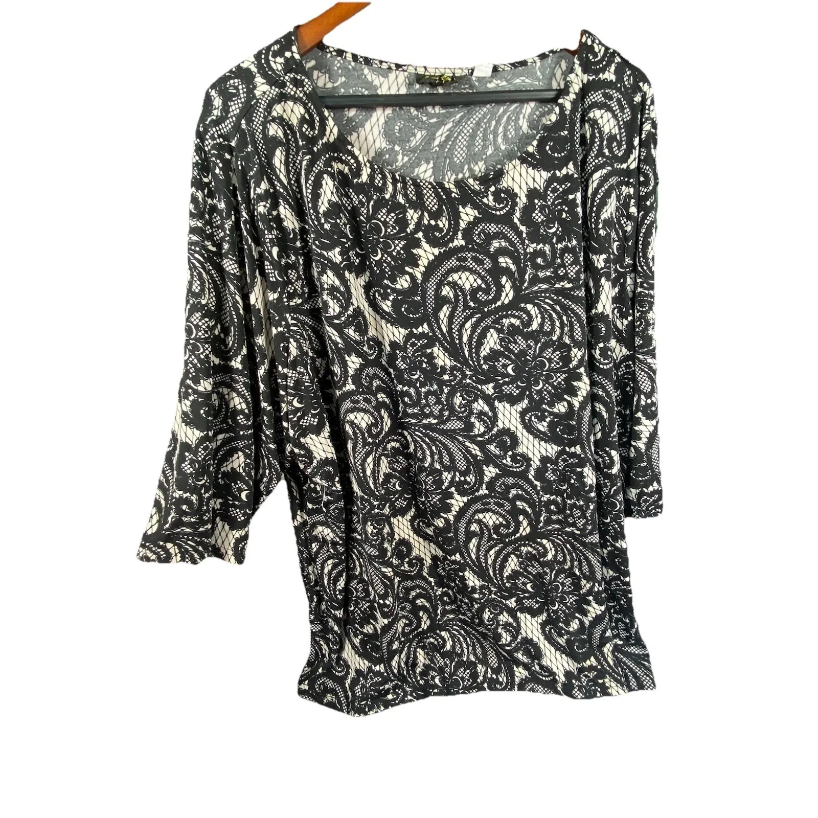 Bob Mackie 3X Women Lace Print Pullover Top 3/4 Slv Wearable Art Stretch Career - Image 2