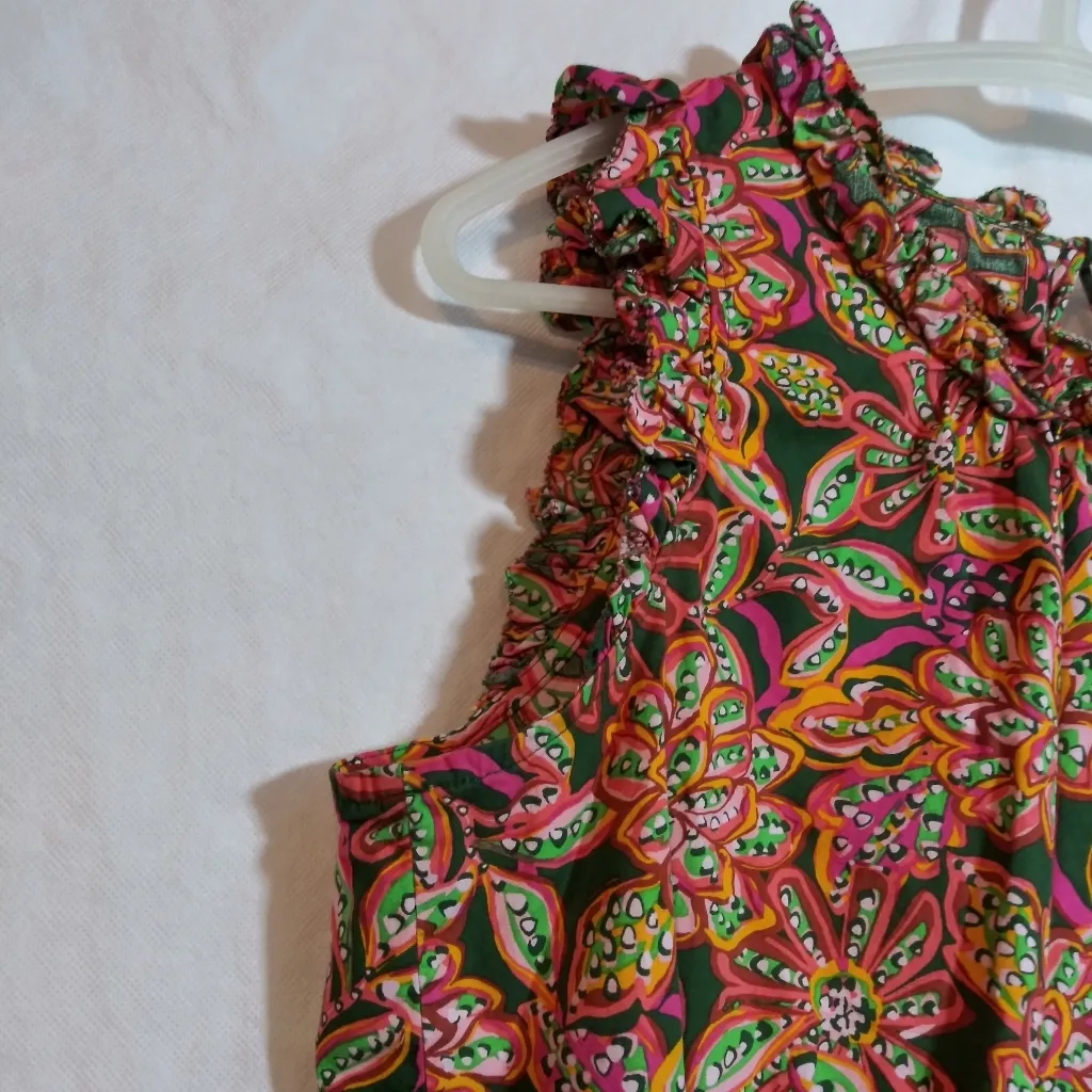 J Crew Floral Sleeveless Ruffle Multicolor Top Tie Back Size L - Image 3