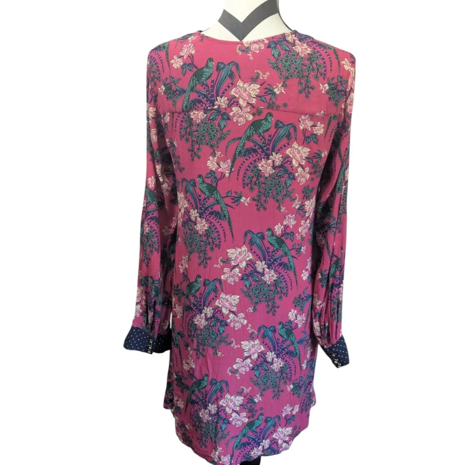 Anthropologie Maeve Pink Floral Parrot Tunic Dress 8 Polka Dot Bohemian - Image 6