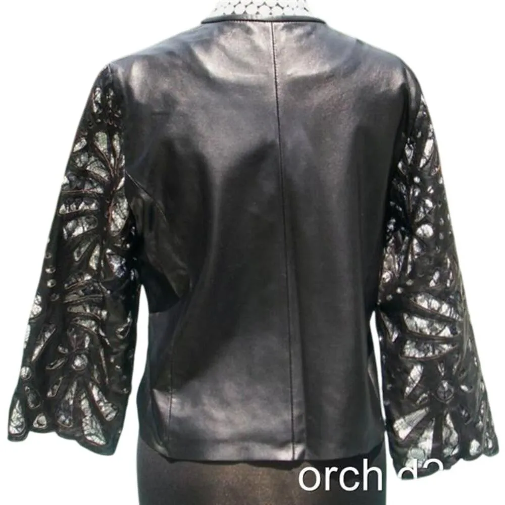 Cache Laser Cut Leather Lace Swing Jacket Top New Peek A Boo Black White $398 - Image 4
