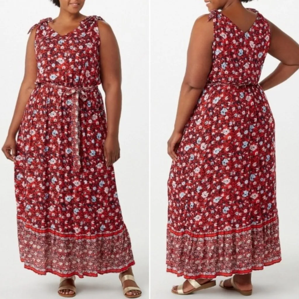 Westport Dress Barn Plus Size Red and Blue Floral Print Boho Maxi Dress - Image 2