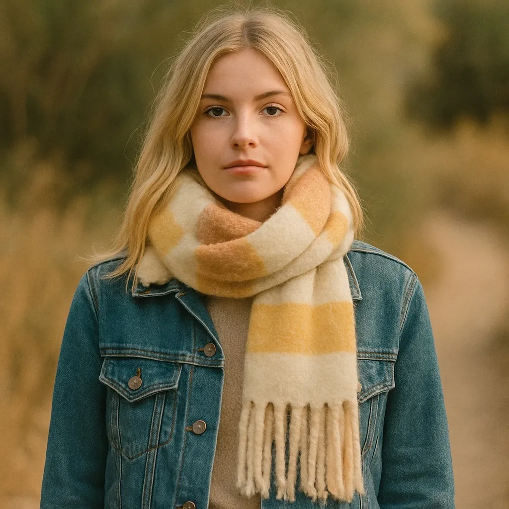 FRYE AND CO Plaid Fringe Scarf Cream Orange Yellow Stripe Cozy Winter Warm Boho - Image 1
