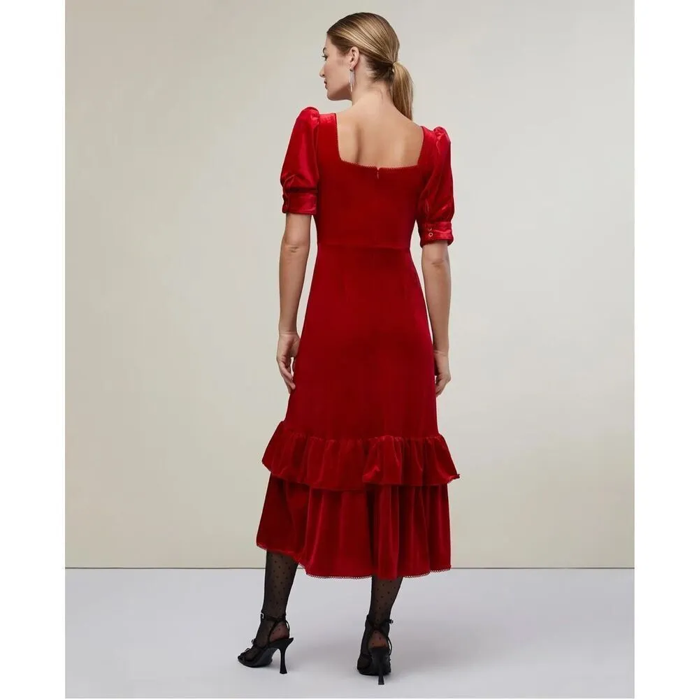 Rachel Parcell Puff Sleeve Peplum Skirt Midi Dress Red Velvet Size Small NWT‎ - Image 5