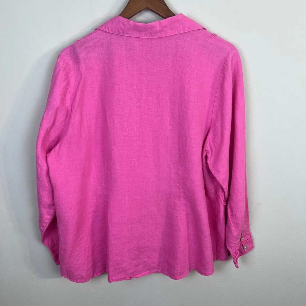 Alexandra Bartlett Button Up Shirt 1X Pink 100% Linen Flower Art To Wear Womens - Image 7