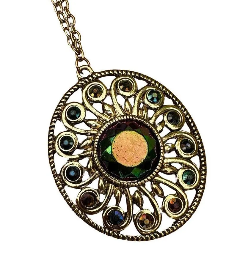 Peacock Colored Rhinestone Gold Pendant Necklace - Image 4