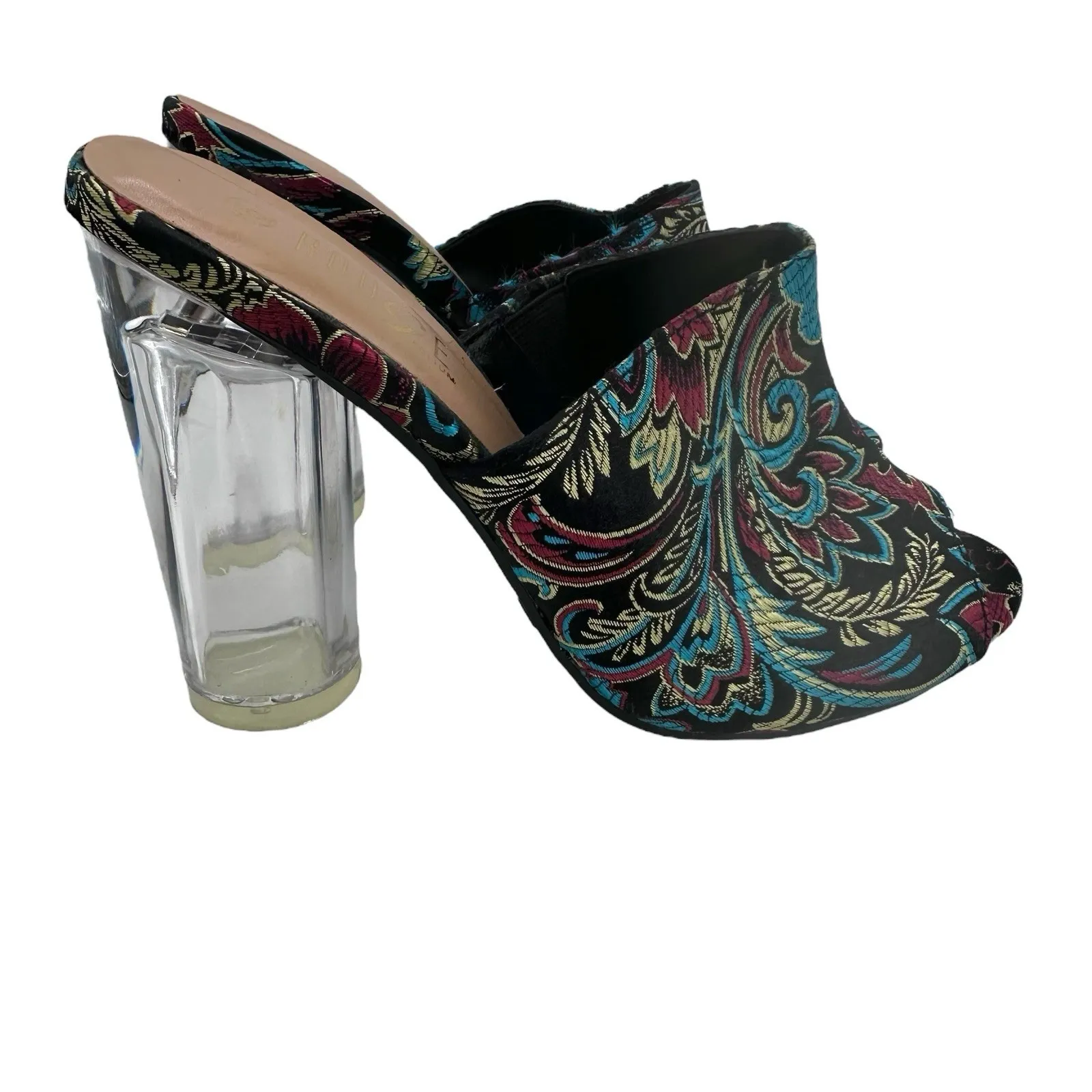 Rouge Clear Heeled Mules Floral Embroidered Heels Open Toe Size‎ 6 - Image 3