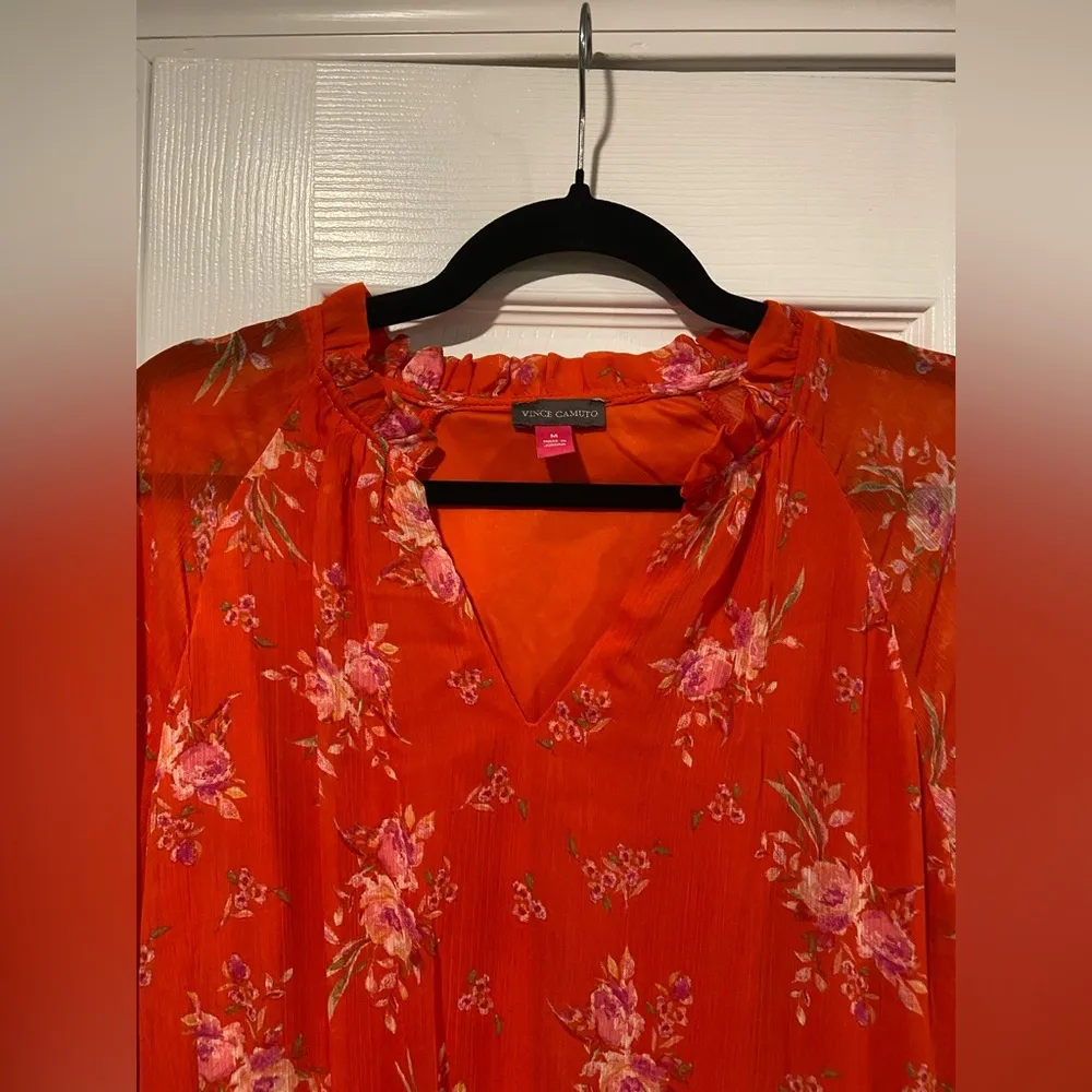 NWT Vince Camuto Size M Orange Floral Ruffle Flowy Long Sleeve Sheer Mini Dress - Image 4