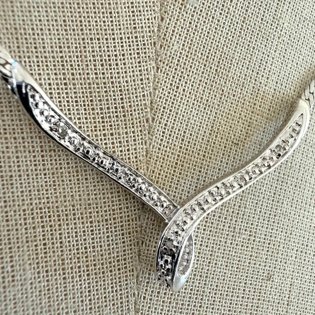 Silver Tone CZ Pavé Y Necklace Herringbone Chain - Image 3