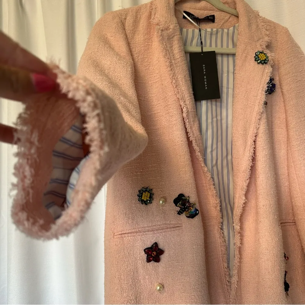 New NWT ZARA Woman PINK Boucle JACKET BLAZER Rhinestones Pearls Floral Whimsical - Image 9