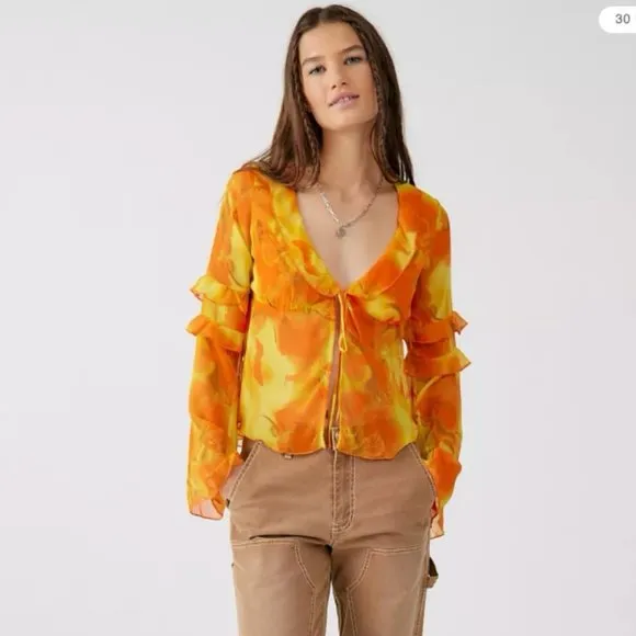 Urban Outfitters Janet Orange and Yellow Floral Butterfly Blouse - Image 3