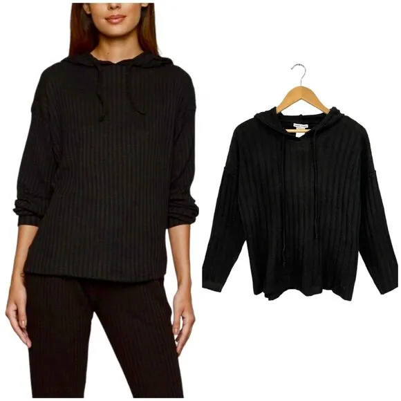 New Sweet Romeo Sweater Womens XS Ribbed Drawstring Hoodie Split High Low Black - Image 2