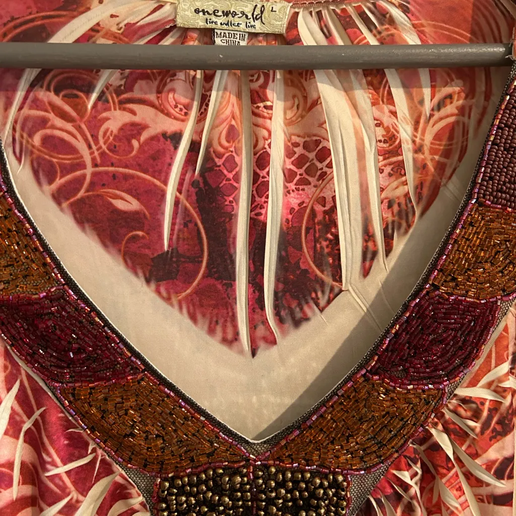 One World Beaded Top Red Tan Size L - Image 3
