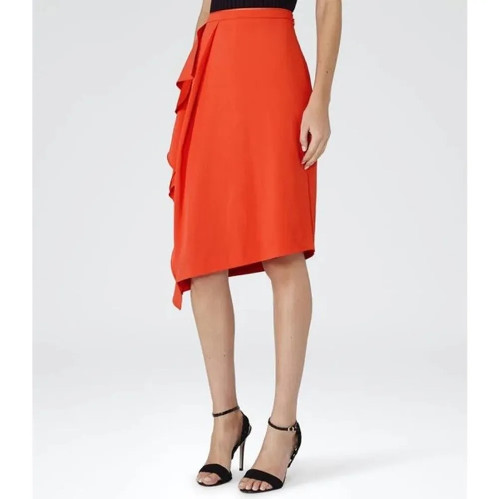 Reiss Womens Dita Waterfall Front Mandarin Bold Orange Draped Crepe Skirt Sz 6 - Image 12