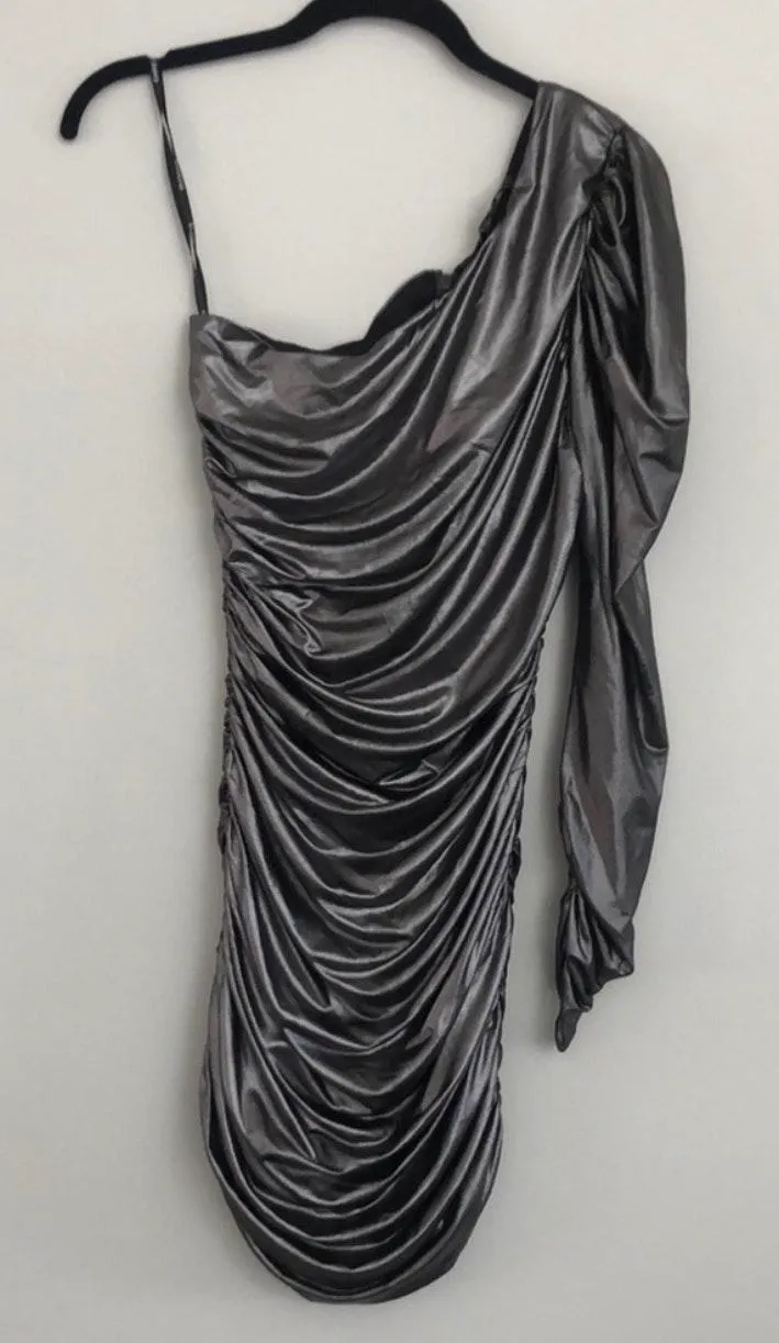 Bebe Metallic Silver One Shoulder Ruched Dress - Image 2
