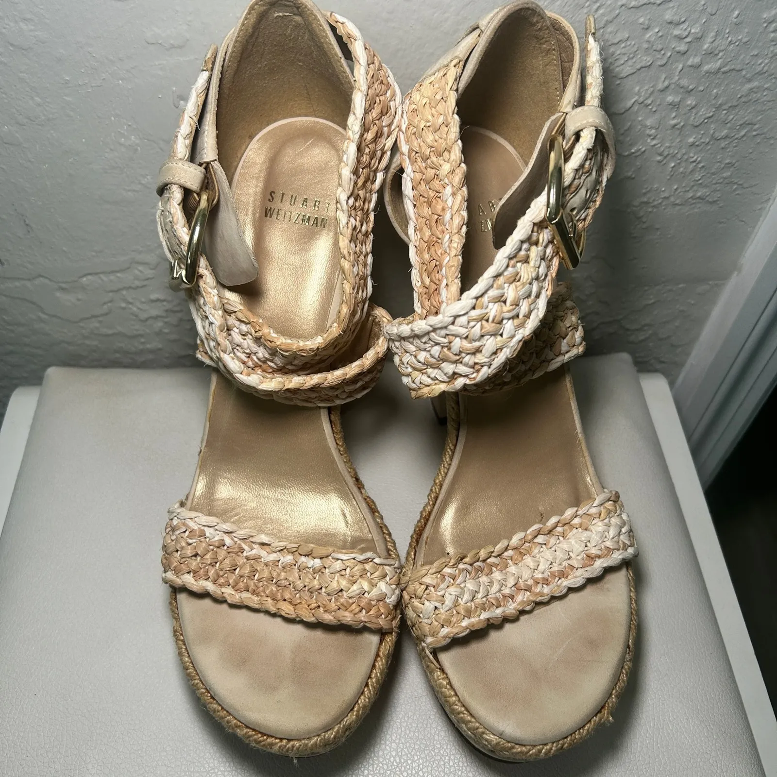 Stuart Weitzman Platform Sandals Espadrille Raffia 5" Heels Beige Size‎ 8 - Image 3