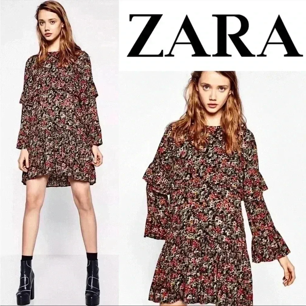 Zara Floral Ruffle Sleeve Tiered Mini Dress Sz XS - Image 3