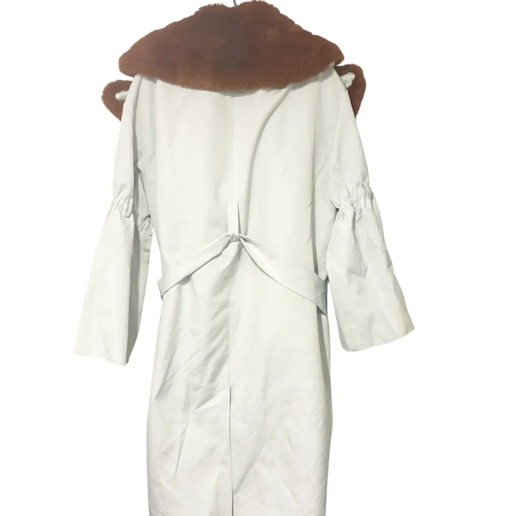 Staud Mint Green Fir Collar Belted Puff Sleeve Trench Coat Removable Collar Size L - Image 9