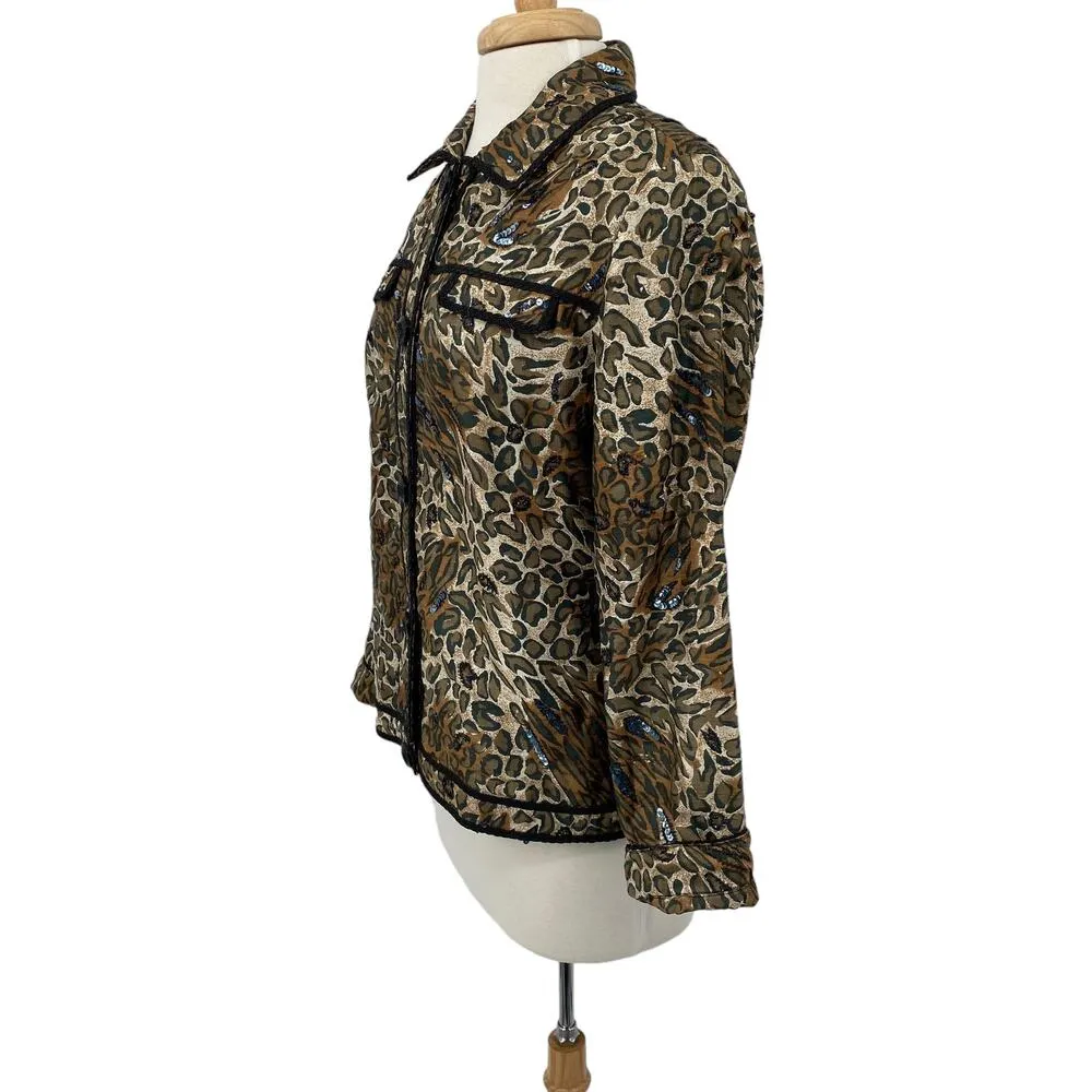 Vintage Silk Sequined Leopard Print Jacket Button Front Brown Black Womens M Size M - Image 6