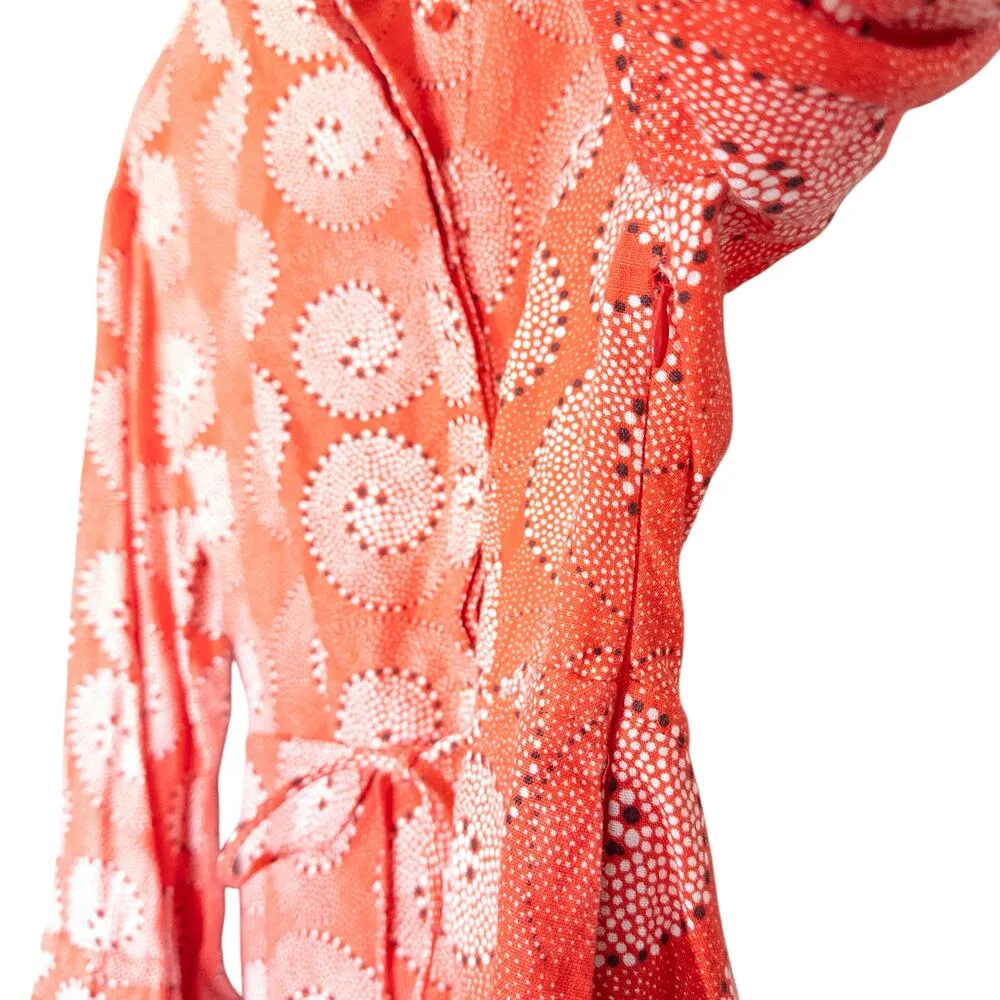 Staud Karlee Linen Long Sleeve Printed Bell Sleeve Mini Dress Coral Orange XS - Image 10