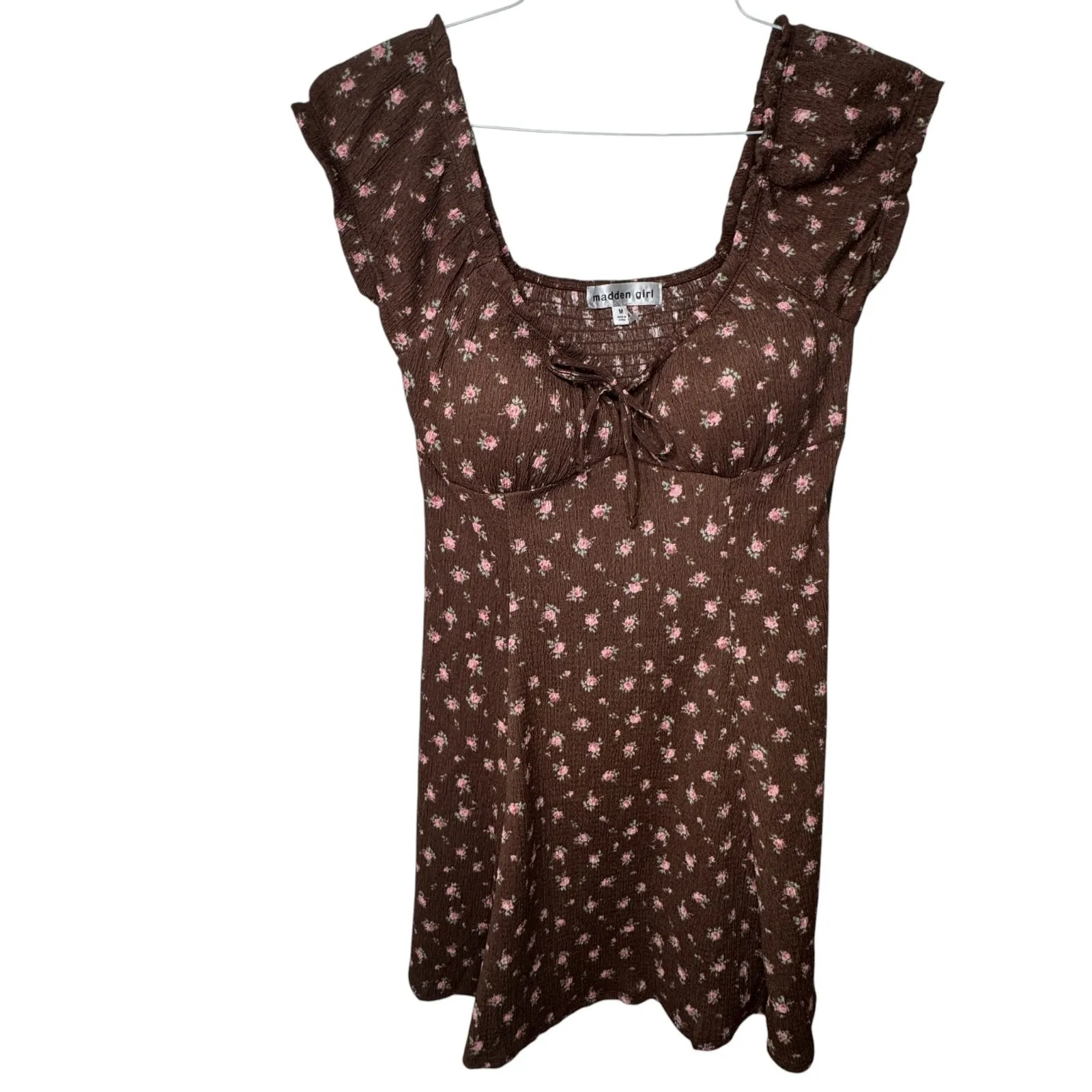 NEW Madden Girl Brown Pink Floral Fit and Flare Dress Juniors Medium Cottagecore - Image 9