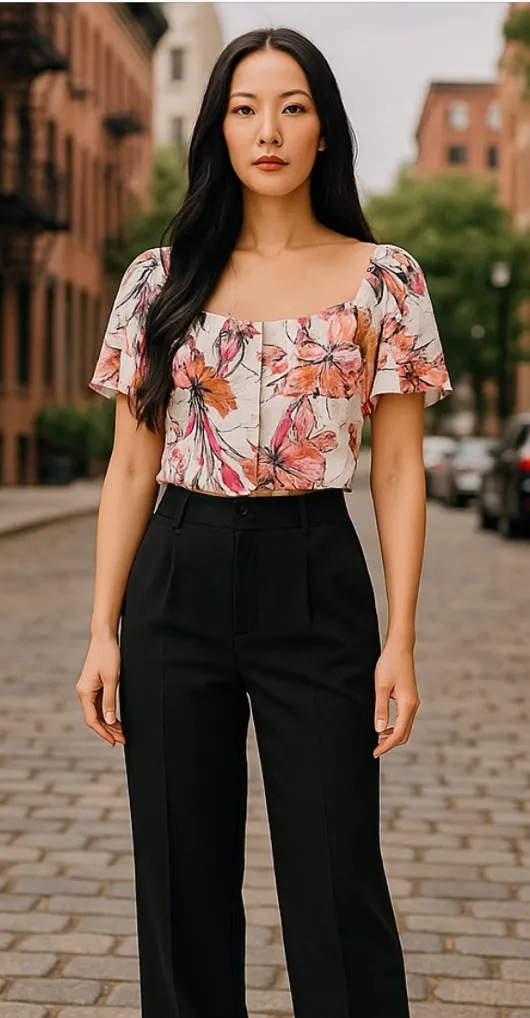 Leith White Pink Floral Button Front Cropped Blouse‎ Square Neck Top Size Medium - Image 2