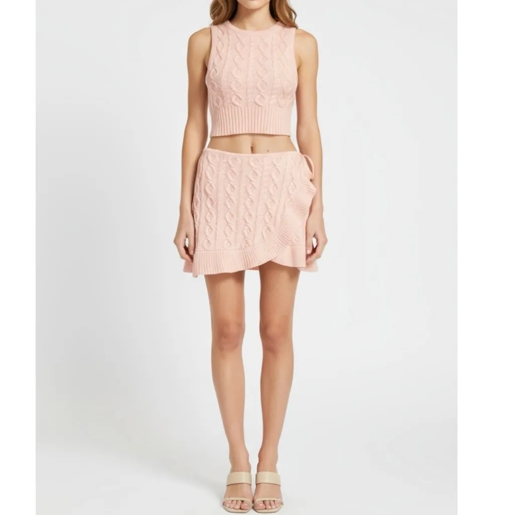 GUIZIO Gemma Cable Knit Wool-Blend Wrap Mini Skirt, Pink, XS - Image 8