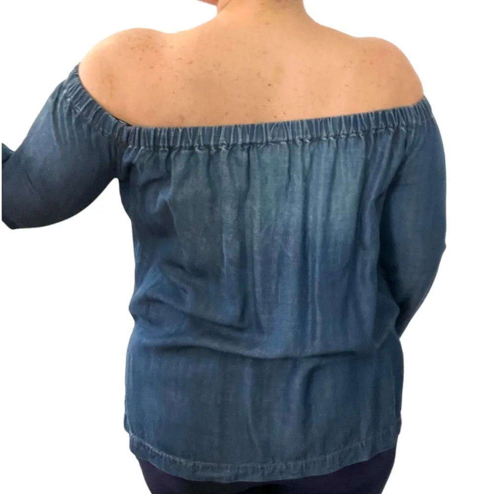 Cloth & Stone SMALL Off Shoulder Elastic Split Sleeve Side Chambray Denim Top - Image 8