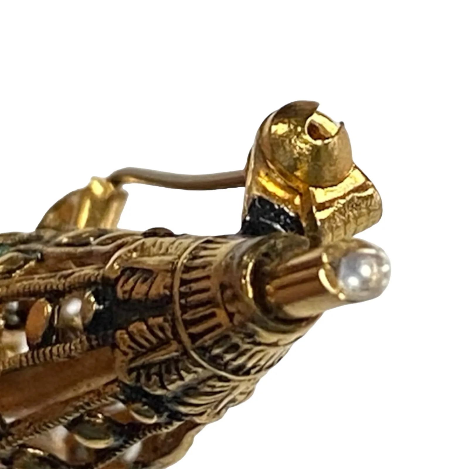 Vintage Umbrella Enamel Parasol Pin Brooch Gold Toned Damascene Pearl Handle - Image 9