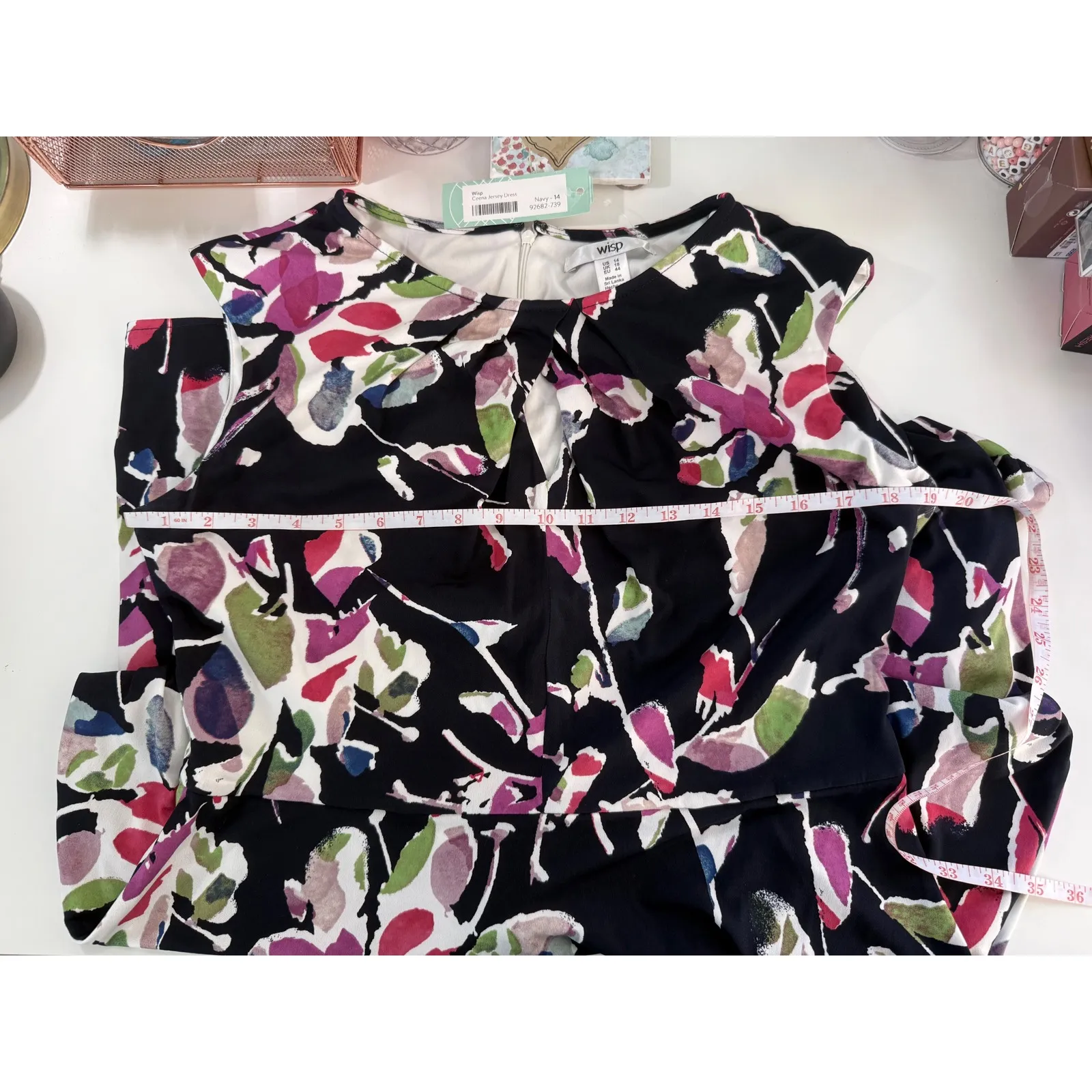 Wisp Floral Print Navy Jersey Knit‎ Sheath Dress Women's Size 14 Black - Image 7