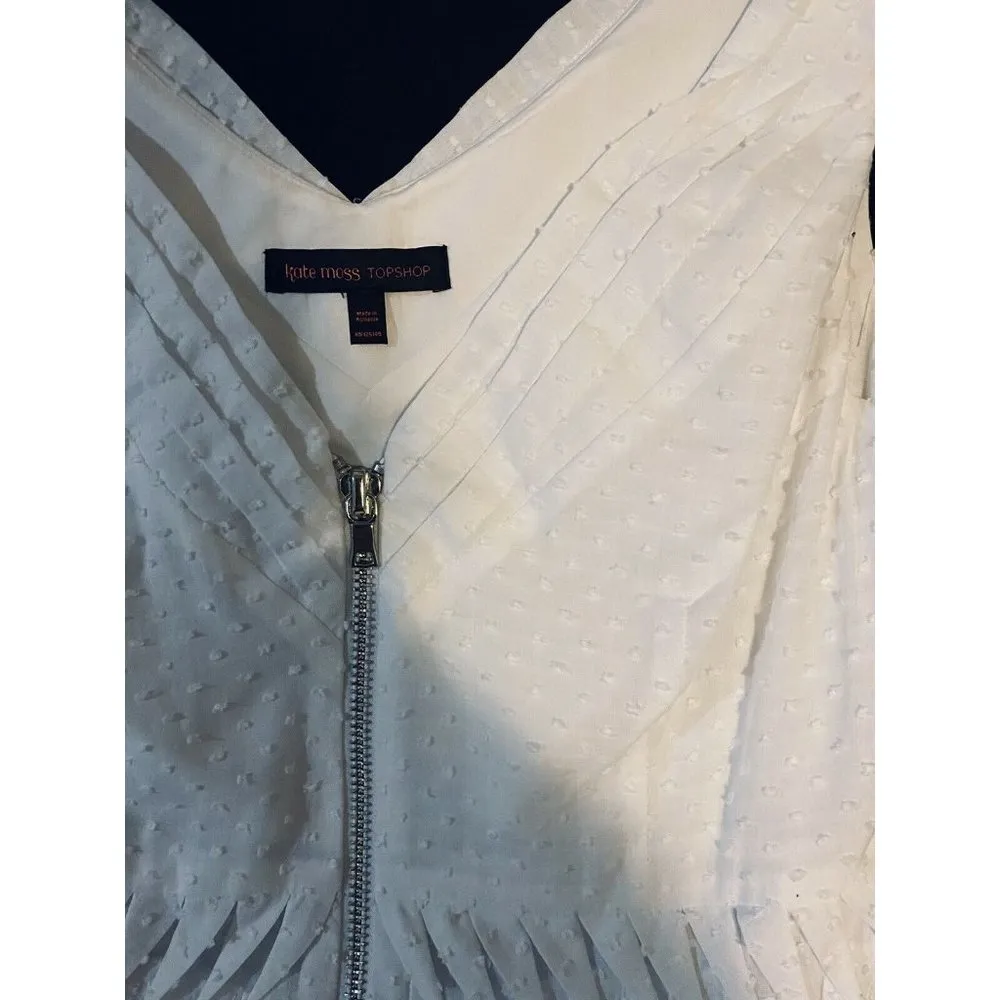New Kate Moss 14 Topshop Dobby White Sundress Dress Swiss Dot Zip Front Pleated - Image 8