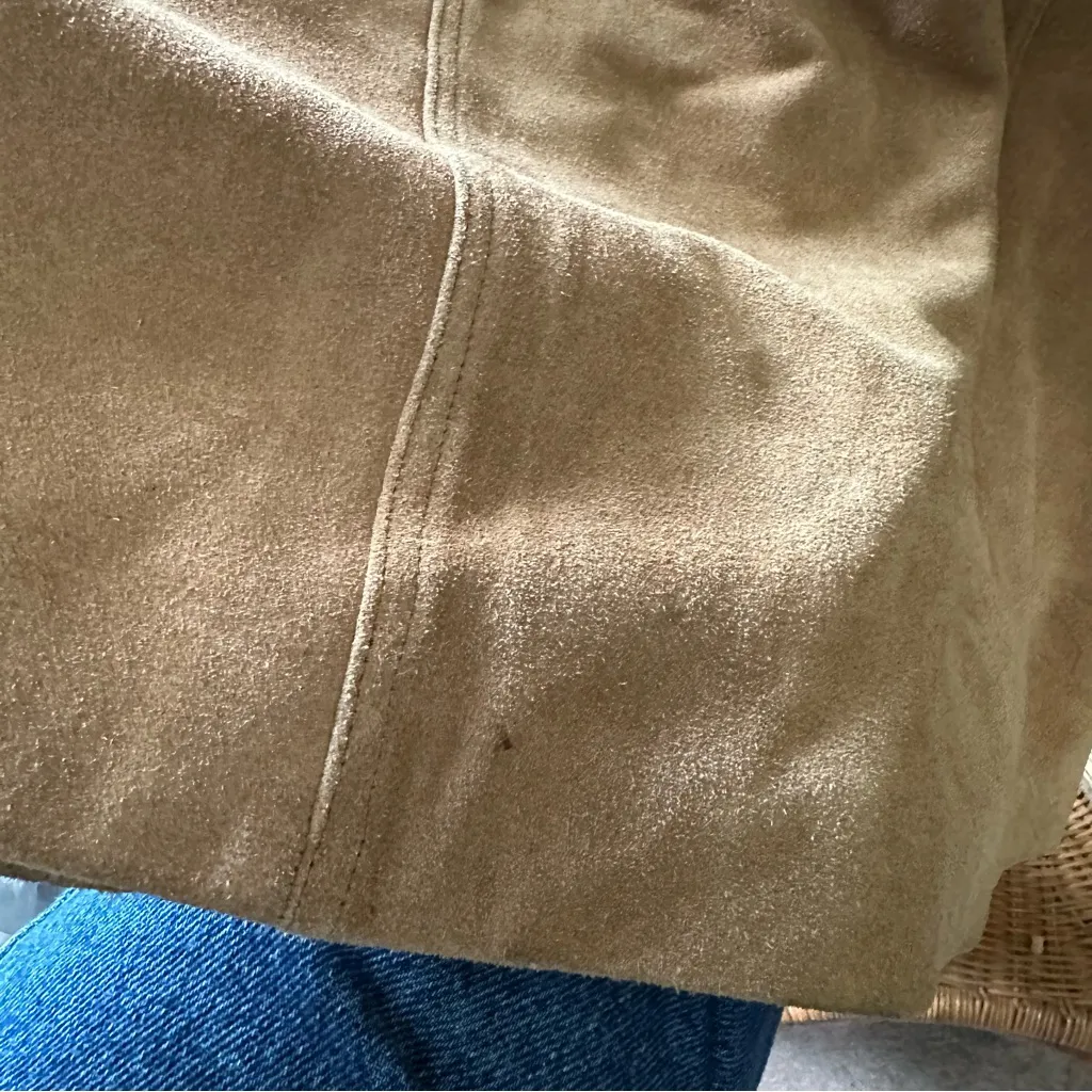 Free People VTG Camel Suede Snap Button Long Trench Jacket Boho Western Large - Image 9