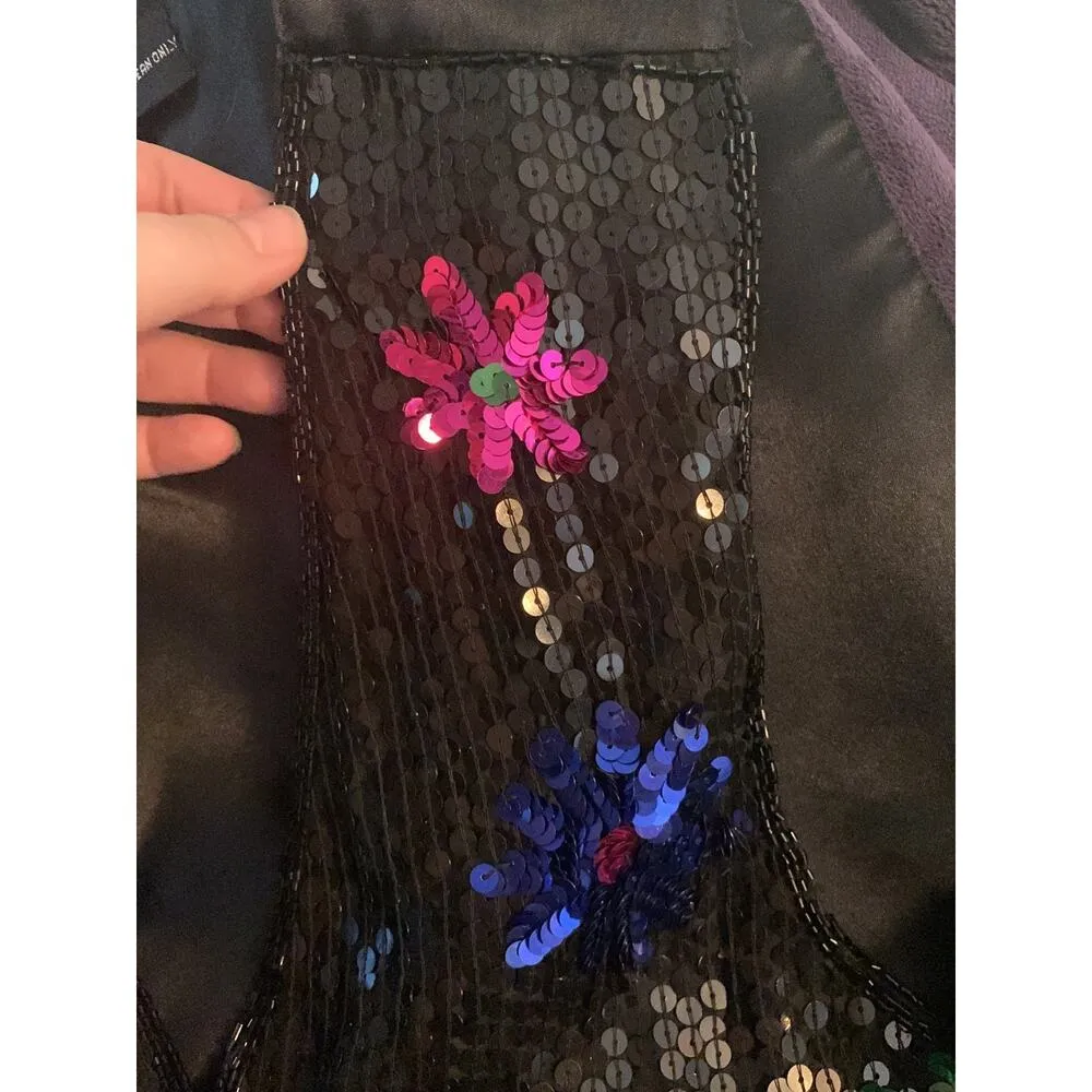 womens large Vintage 80s sequin vest floral print shiny silk blend Black - Image 3