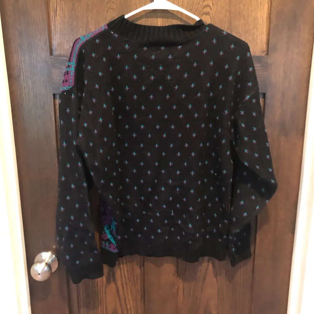 Black/teal/Purple Floral & Plaid Vintage Cabin Creek Crew Neck Sweater Size M - Image 3