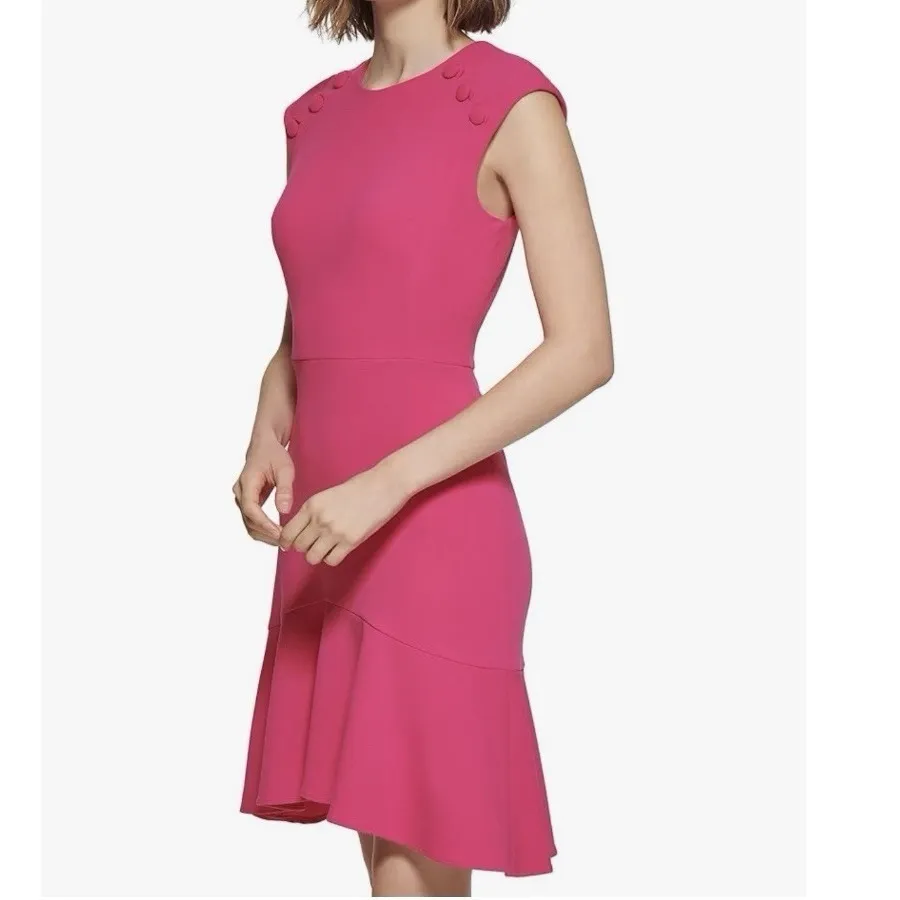 Calvin Klein Hot Pink Flounce Ruffle Hem Crepe Sleeveless Midi‎ Dress Size 10 - Image 2