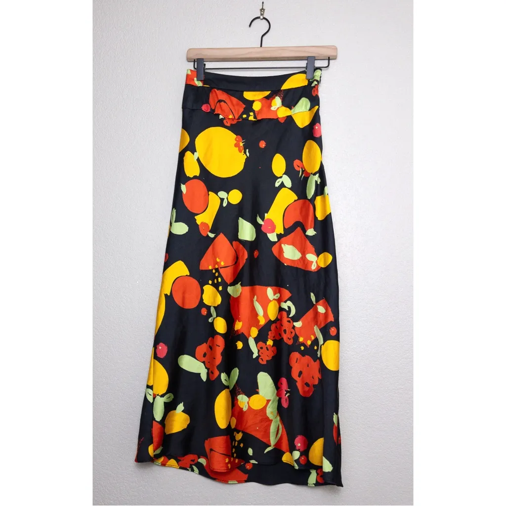 Free People Normani Bias Printed Satin Midi Skirt 0 Fruity Pop Black High Waist - Image 4
