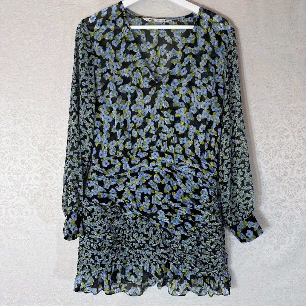 Zara Floral Print Black Blue Green Long Sleeve Mini Dress Large - Image 3