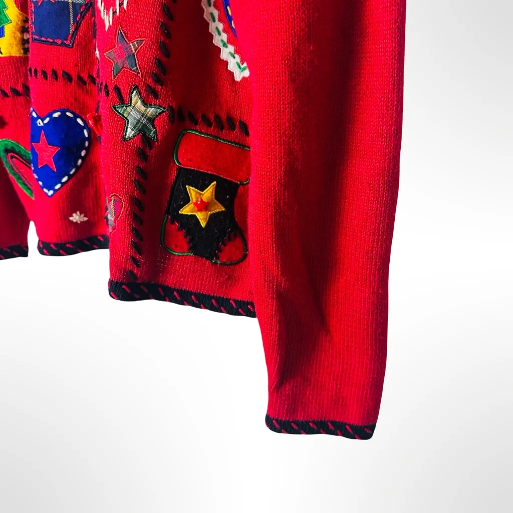 Vintage 80s Segue Christmas Cardigan Sweater Large Holiday Appliqué Knit Cottage Red - Image 7