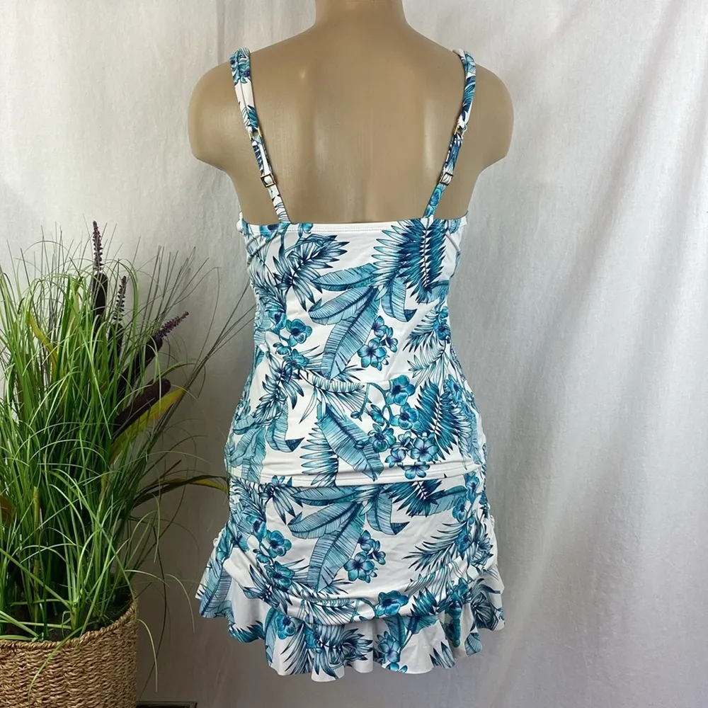 La Blanca White & Blue Floral Leaf Print 2 Piece Tankini Swim Bathing Suit Set - Image 2
