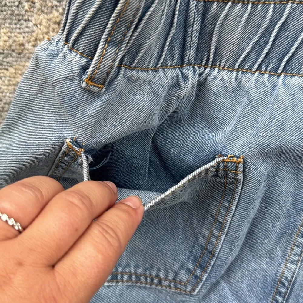 Denim Elastic High Waist Cuffed Shorts Blue Small - Image 5