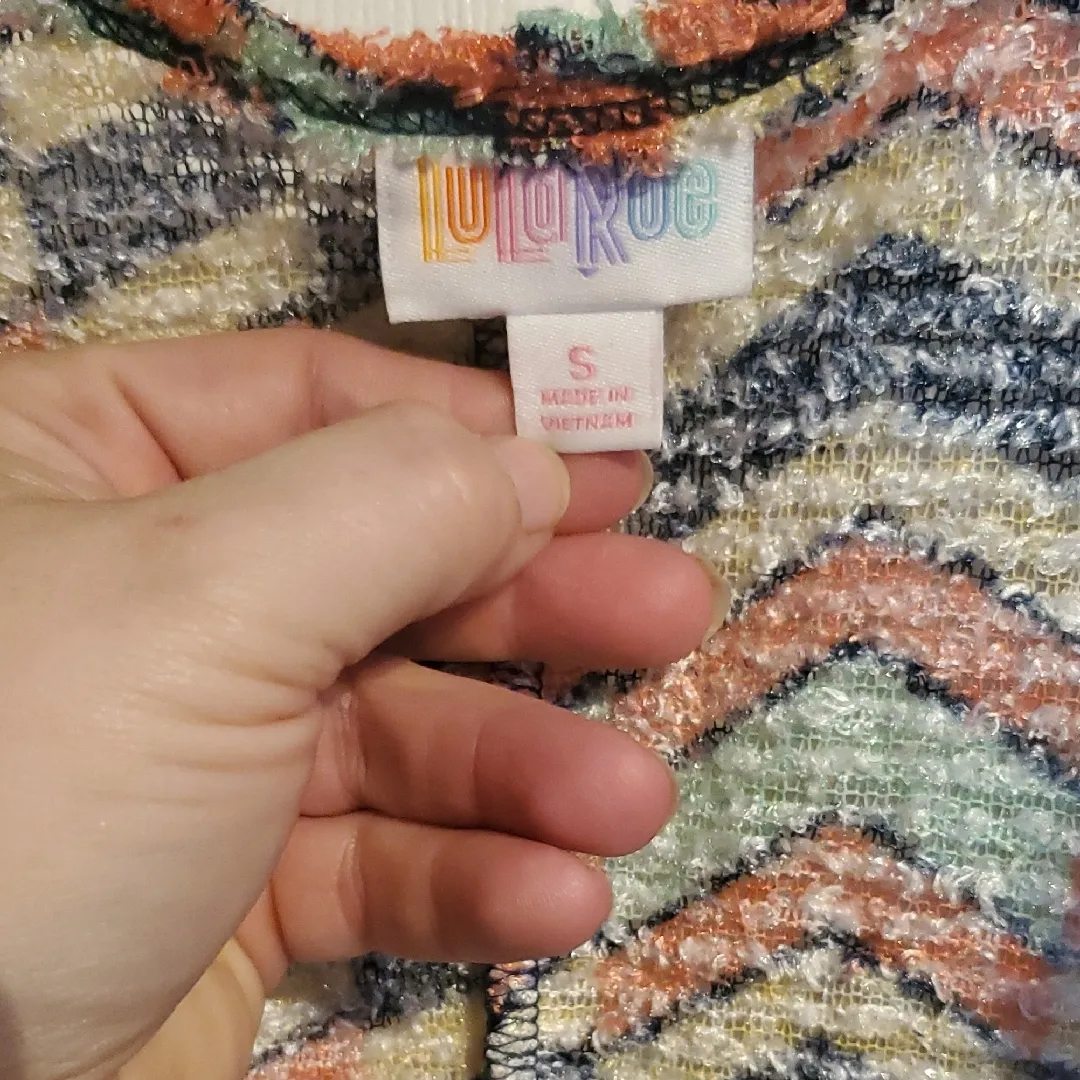 LuLaRoe Sarah Open Front Duster Chevron Knit Cardigan - Orange, Blue, Cream - Image 2