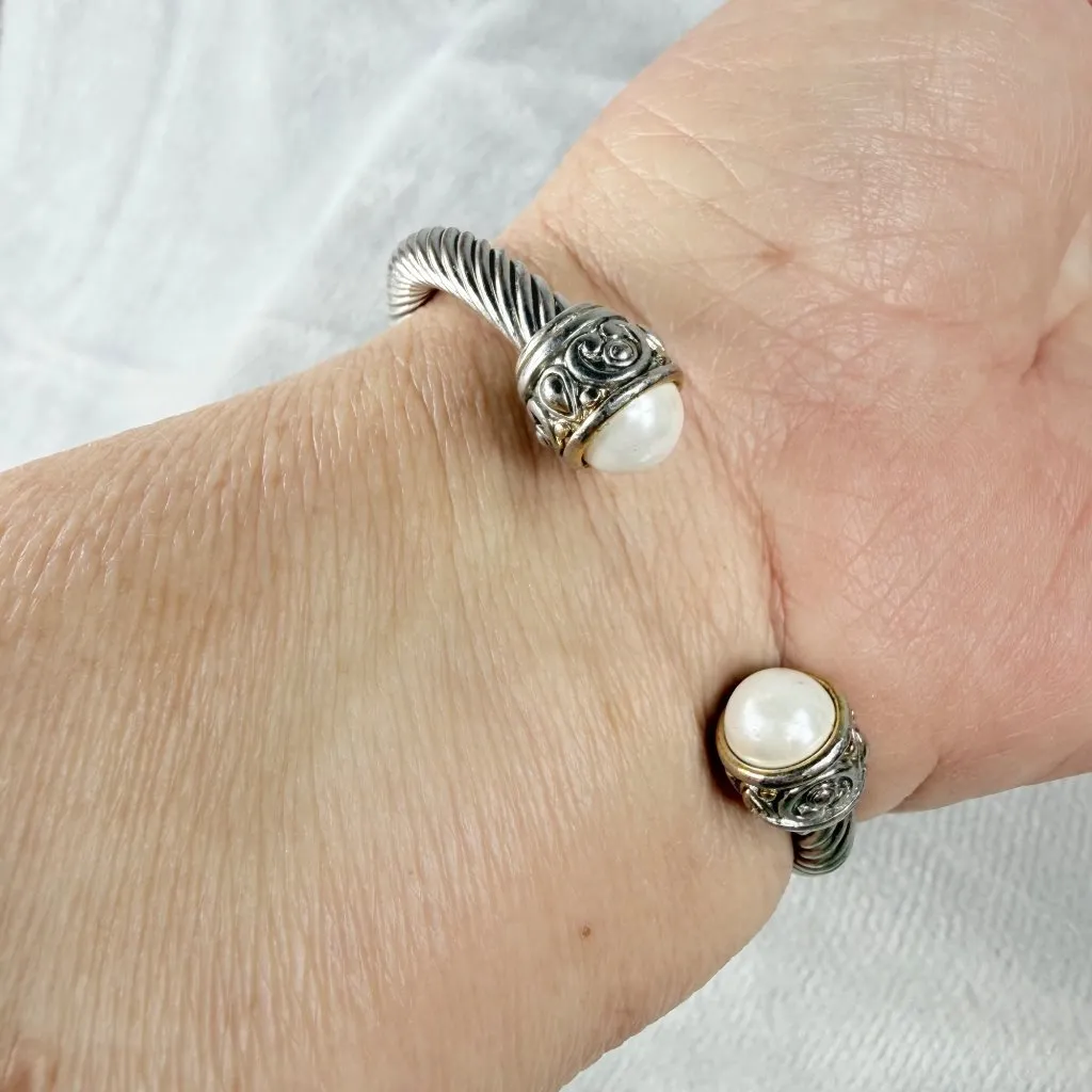 Silver Tone Rope Open Cuff Bracelet White Faux Pearl Endcaps Women's Fashion - Image 6