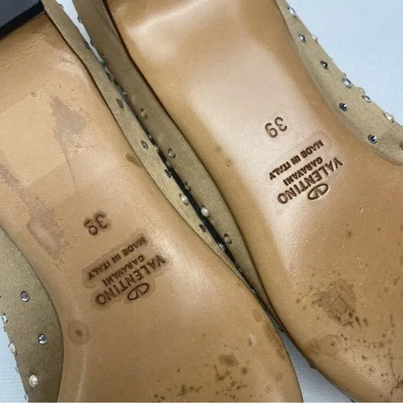 Valentino Flats Size 8 Satin Neutral Pearl Crystal Rhinestone Glam‎ Baddie Tan - Image 12