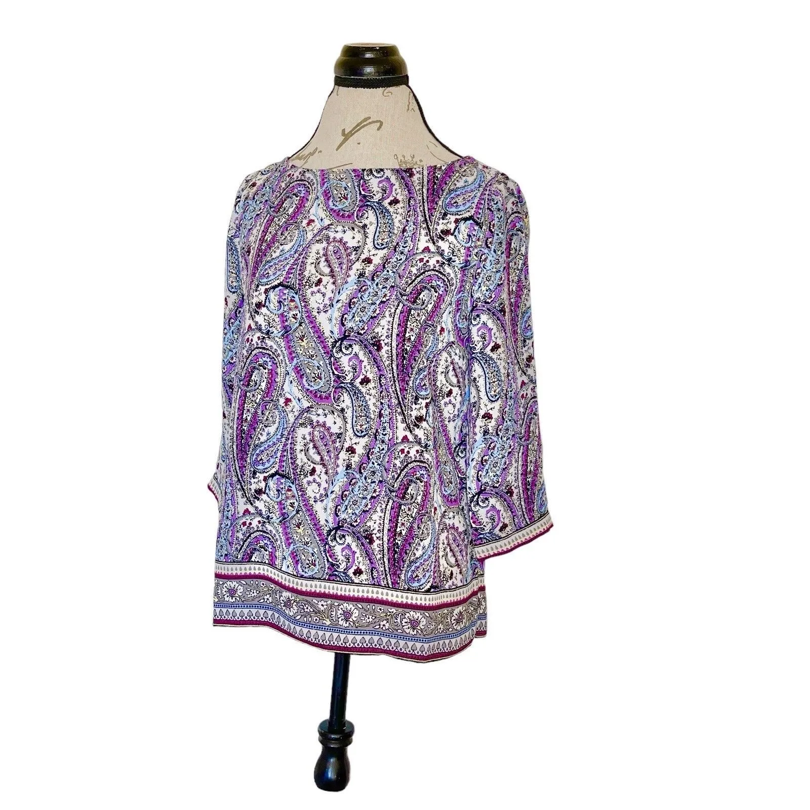 J. Jill Womens Blouse Sz XS Paisley Retro Hipster 60’s 70’s Inspired Festival Purple - Image 4