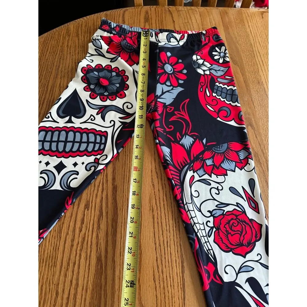 Sugar Skull Print Leggings Comfortable Stretch Day Of The Dead Skulls Goth Sz L Red Size L - Image 9
